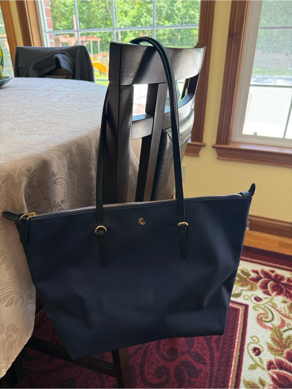 Lauren Ralph Lauren Medium Keaton Tote Bag Nylon Zip Top Closure Blue Black - Picture 6 of 11